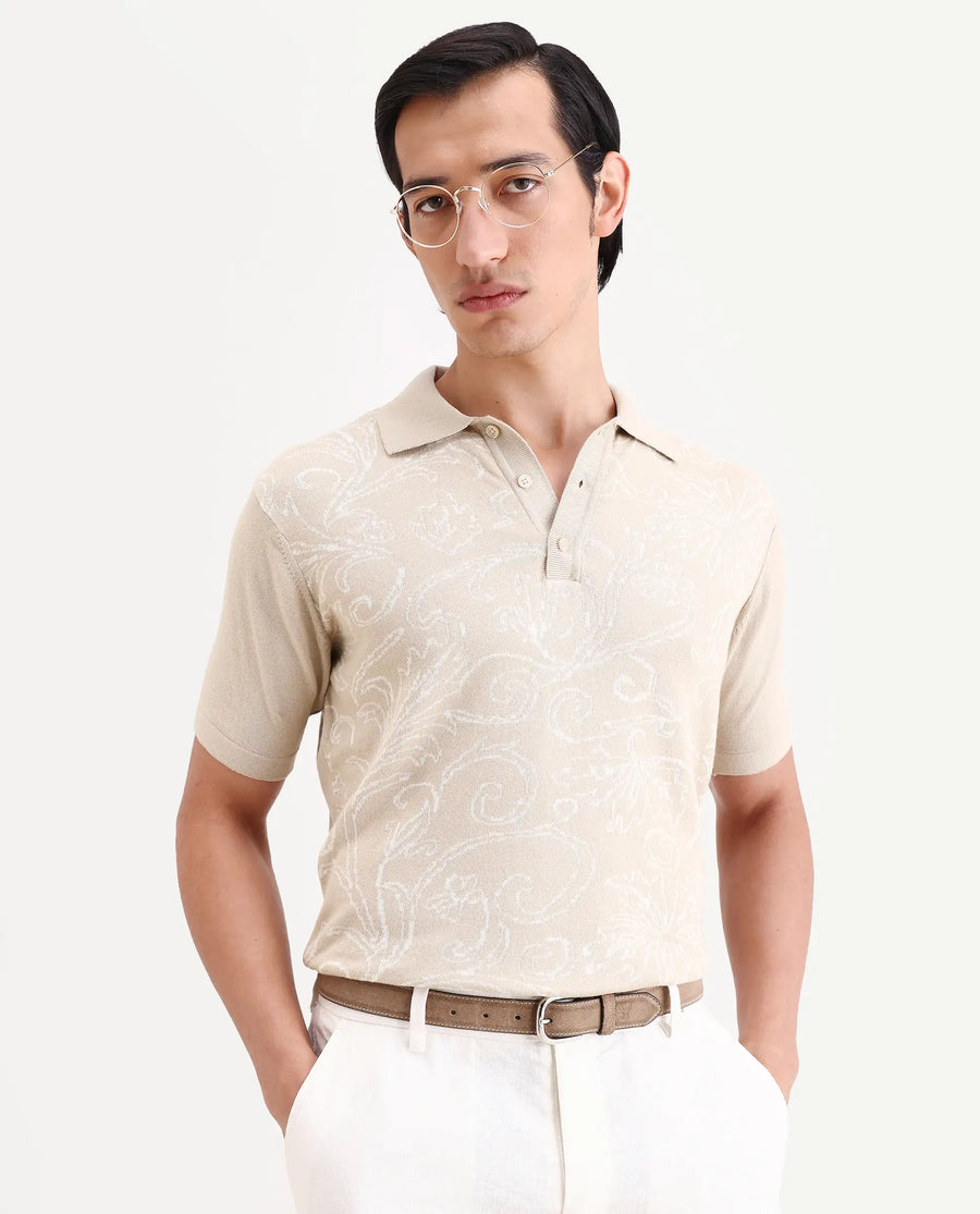 Rare Rabbit Men's Par Beige Cotton Fabric Full Sleeve Regular Fit Floral Print Polo