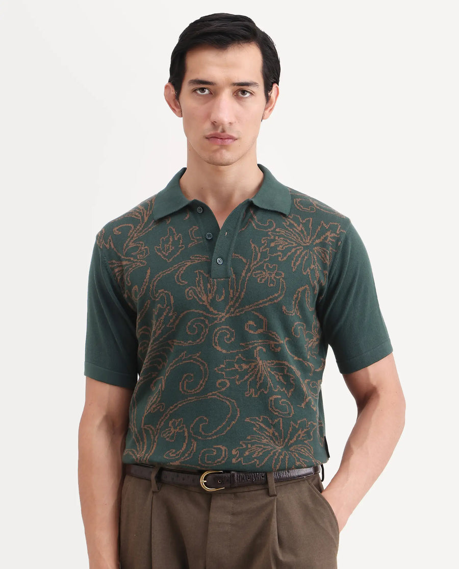 Rare Rabbit Men's Par Dark Green Cotton Fabric Full Sleeve Regular Fit Floral Print Polo