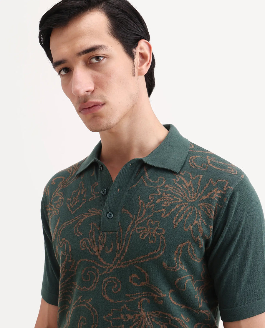 Rare Rabbit Men's Par Dark Green Cotton Fabric Full Sleeve Regular Fit Floral Print Polo
