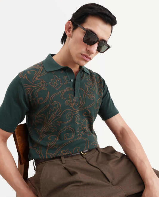 Rare Rabbit Men's Par Dark Green Cotton Fabric Full Sleeve Regular Fit Floral Print Polo