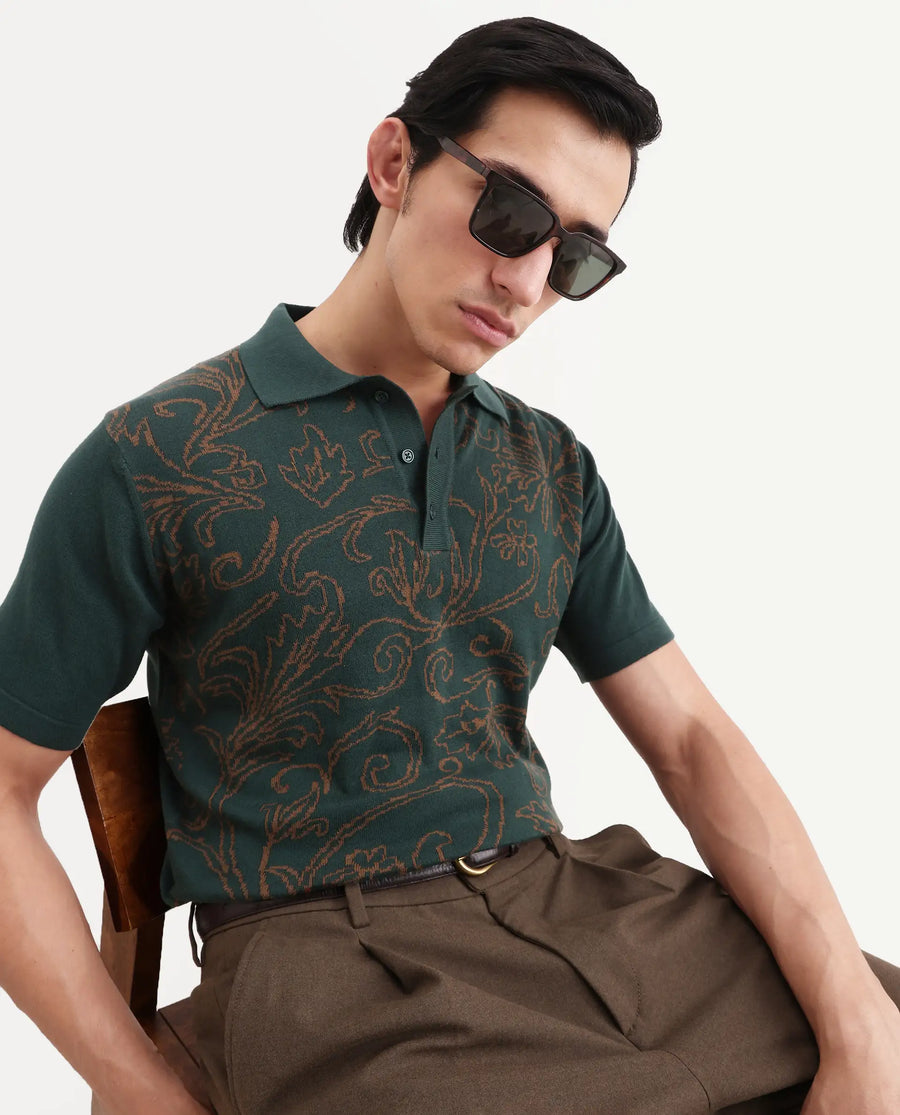 Rare Rabbit Men's Par Dark Green Cotton Fabric Full Sleeve Regular Fit Floral Print Polo