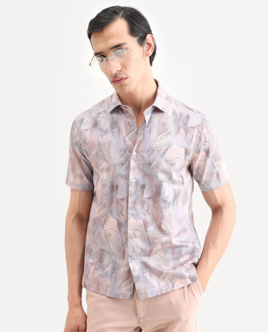 Rare Rabbit Men's Tuan Ss Pastel Purple Cotton Fabric Half Sleeve Spread Collar Regular Fit Abstract Print Shirt