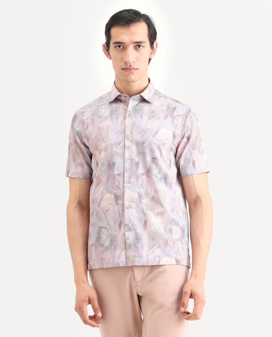 Rare Rabbit Men's Tuan Ss Pastel Purple Cotton Fabric Half Sleeve Spread Collar Regular Fit Abstract Print Shirt