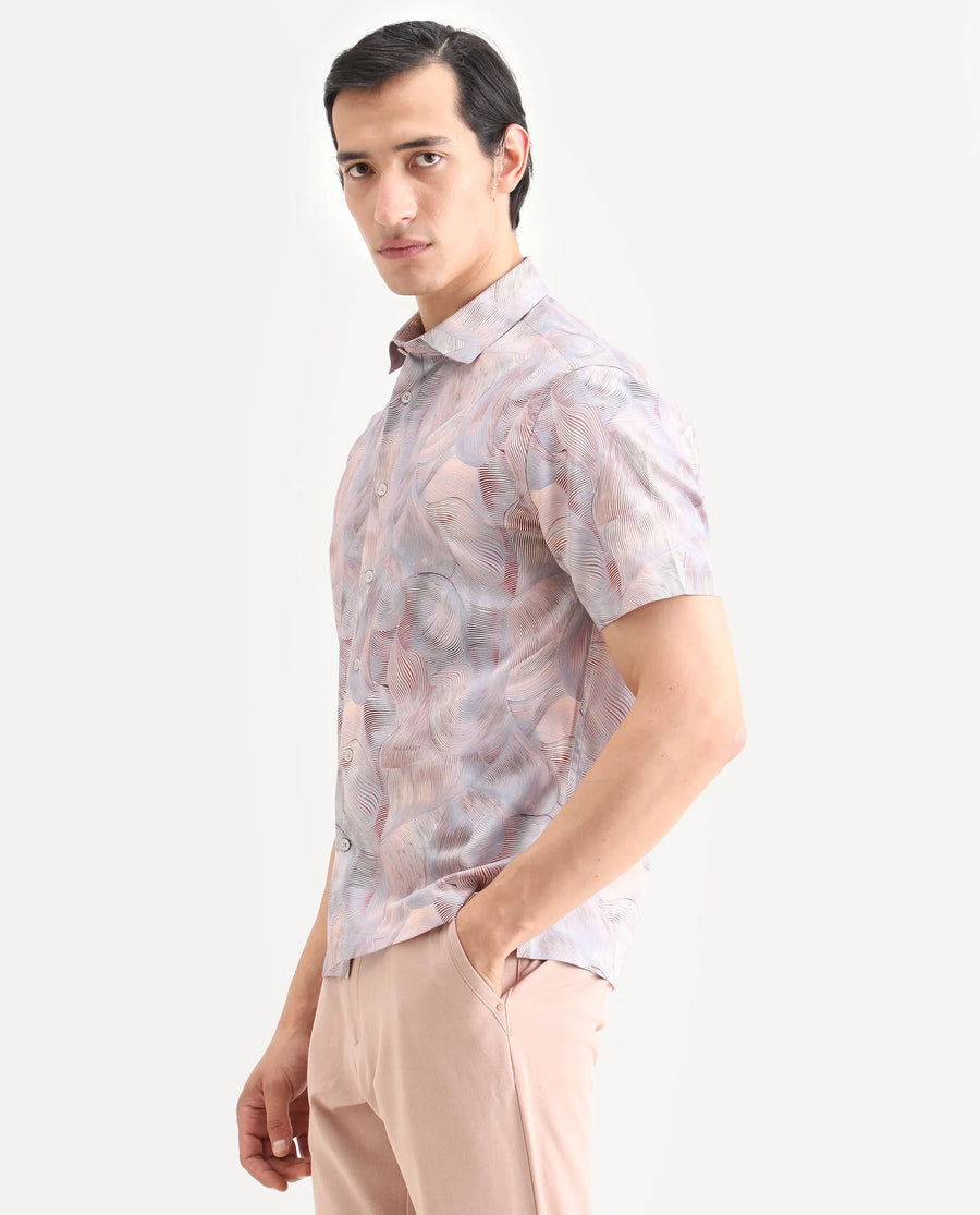 Rare Rabbit Men's Tuan Ss Pastel Purple Cotton Fabric Half Sleeve Spread Collar Regular Fit Abstract Print Shirt
