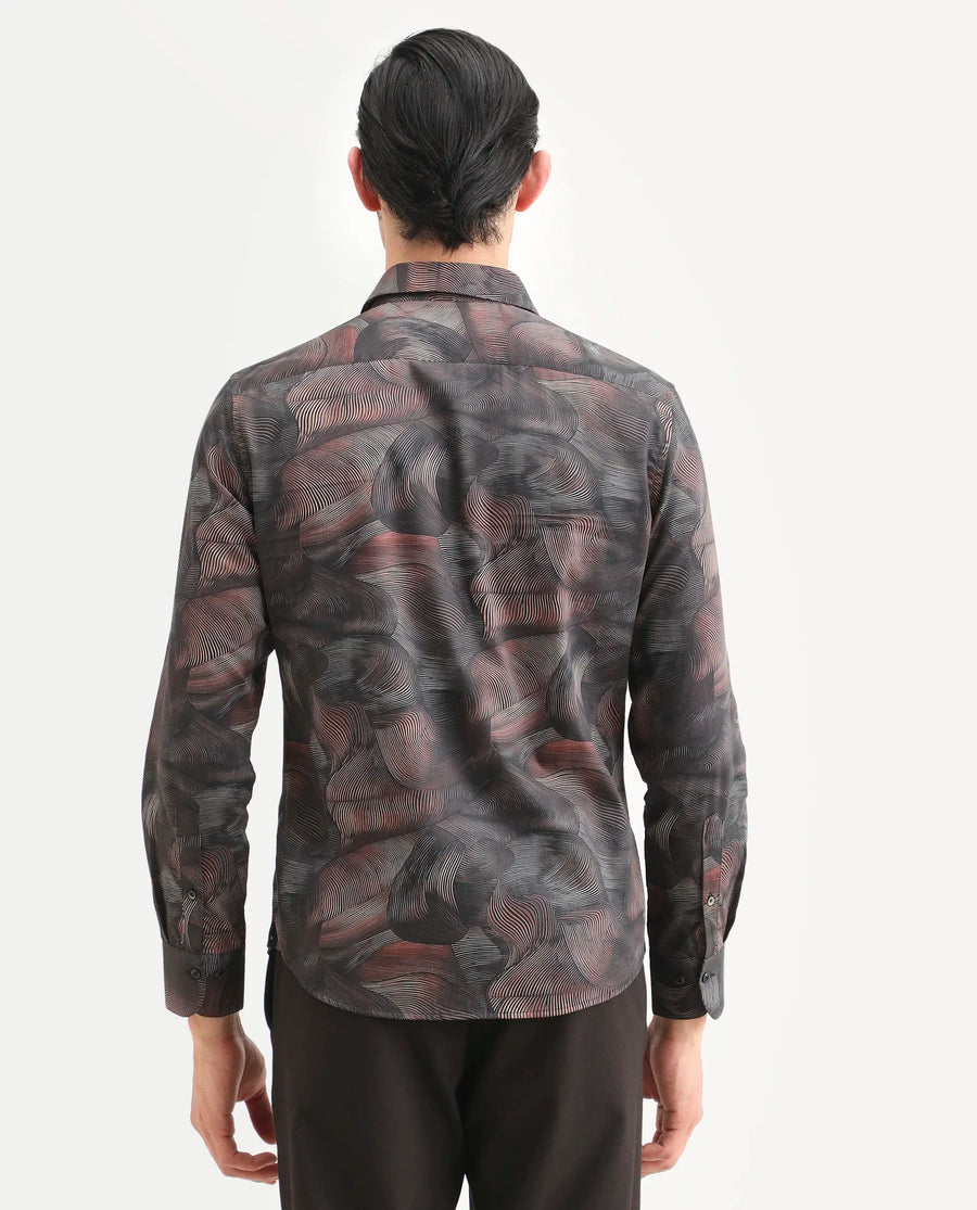 Rare Rabbit Men's Tuan Ls Brown Cotton Fabric Full Sleeve Spread Collar Regular Fit Abstract Print Shirt