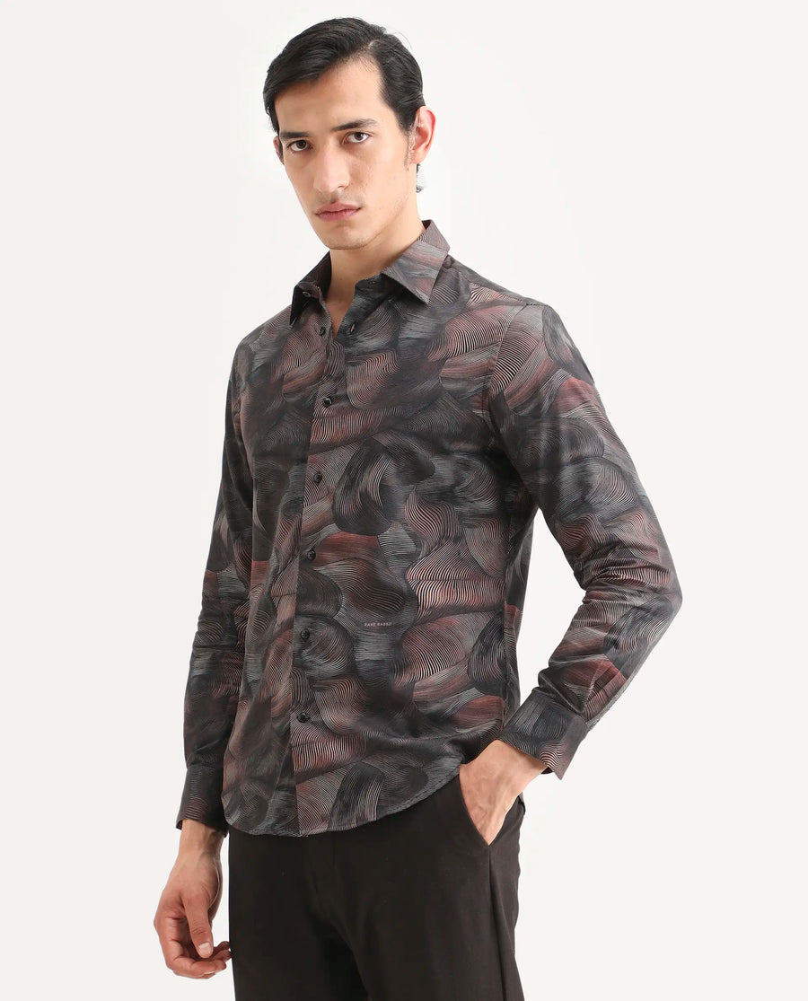 Rare Rabbit Men's Tuan Ls Brown Cotton Fabric Full Sleeve Spread Collar Regular Fit Abstract Print Shirt