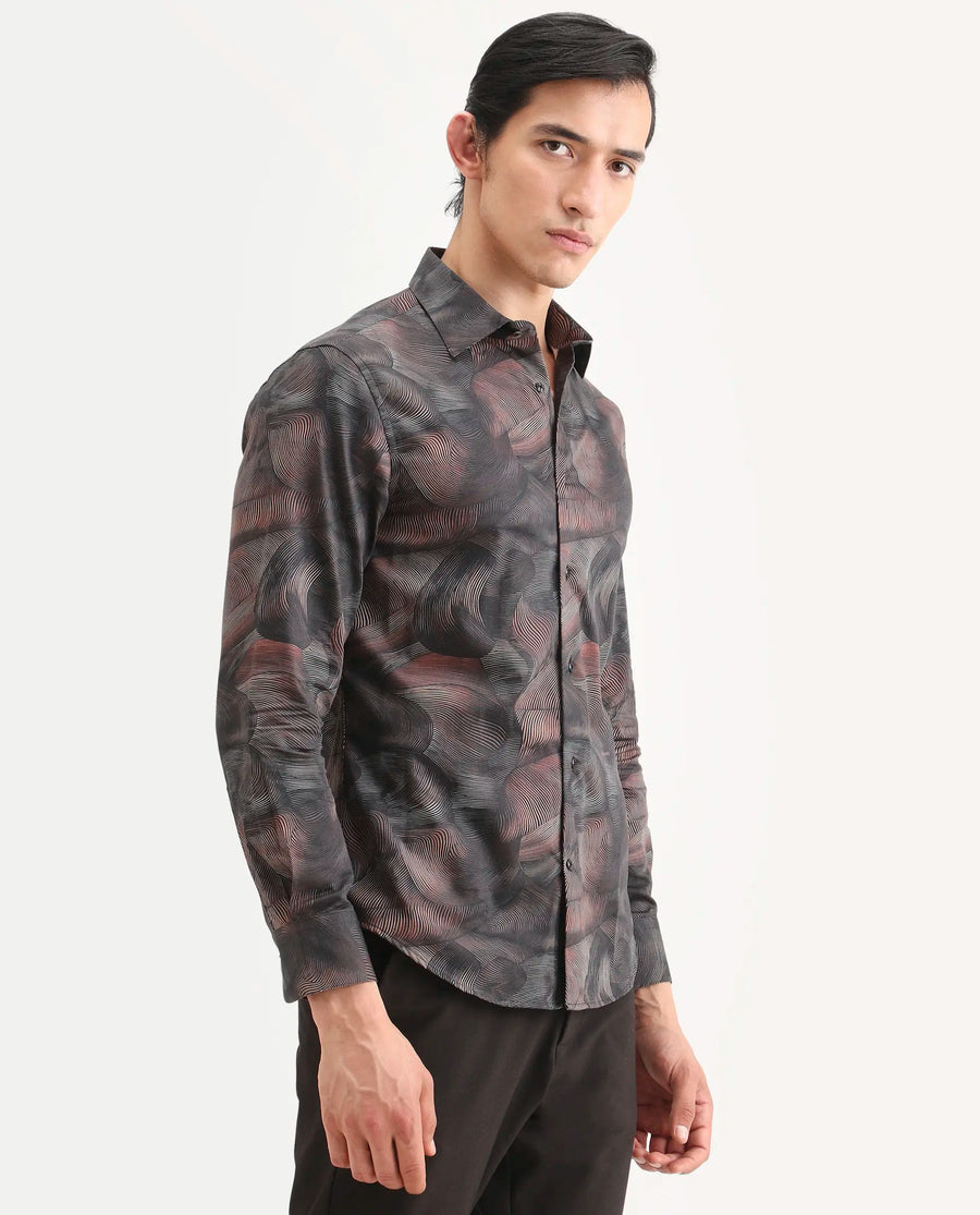 Rare Rabbit Men's Tuan Ls Brown Cotton Fabric Full Sleeve Spread Collar Regular Fit Abstract Print Shirt