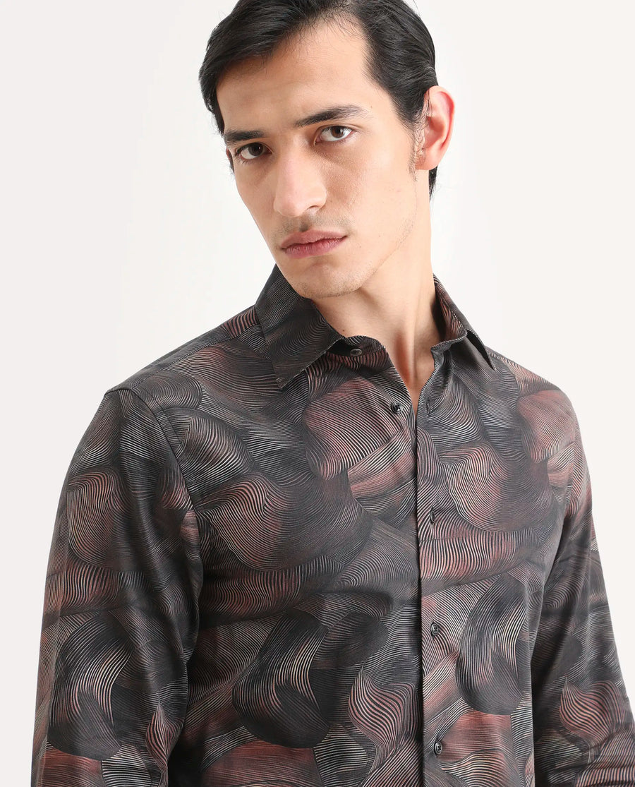 Rare Rabbit Men's Tuan Ls Brown Cotton Fabric Full Sleeve Spread Collar Regular Fit Abstract Print Shirt