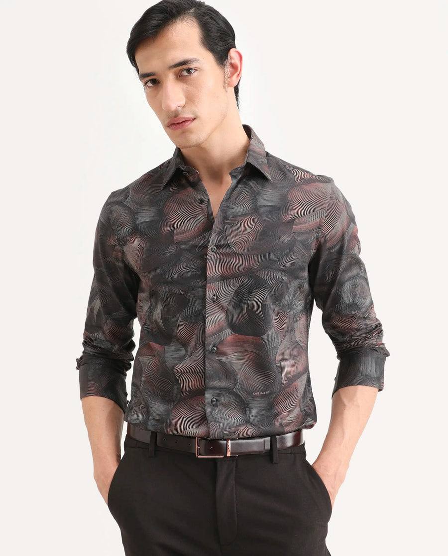 Rare Rabbit Men's Tuan Ls Brown Cotton Fabric Full Sleeve Spread Collar Regular Fit Abstract Print Shirt