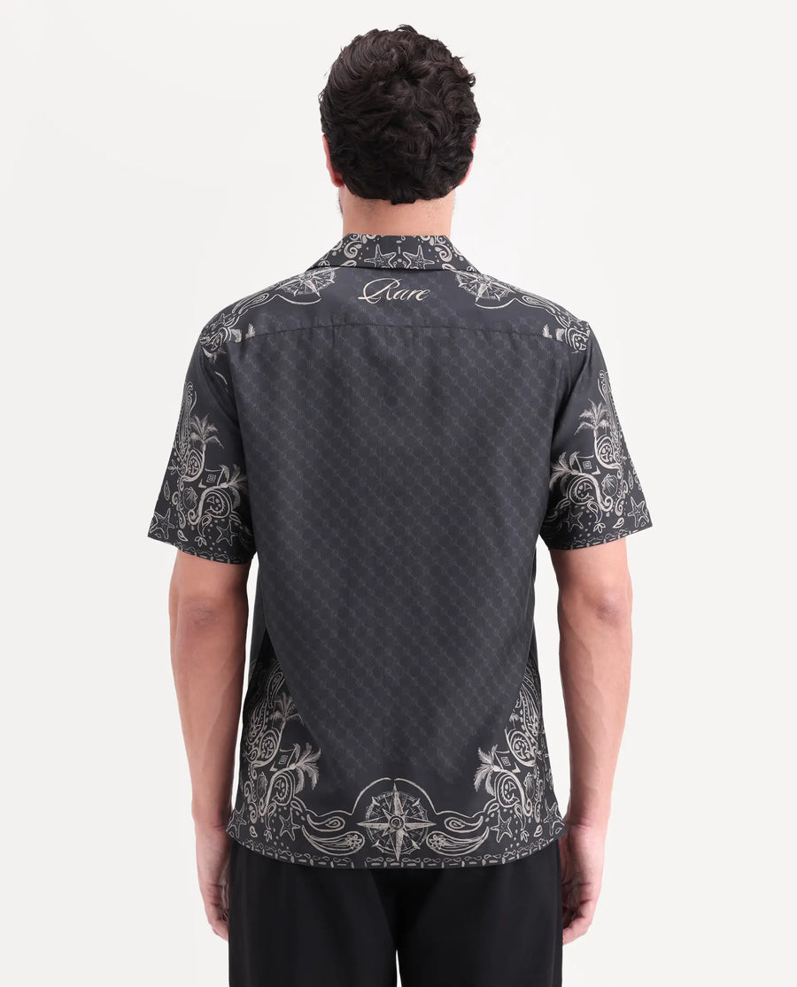 Rare Rabbit Men's Boso Black Cotton Blend Fabric Half Sleeve Cuban Collar Regular Fit Monogram Print Shirt