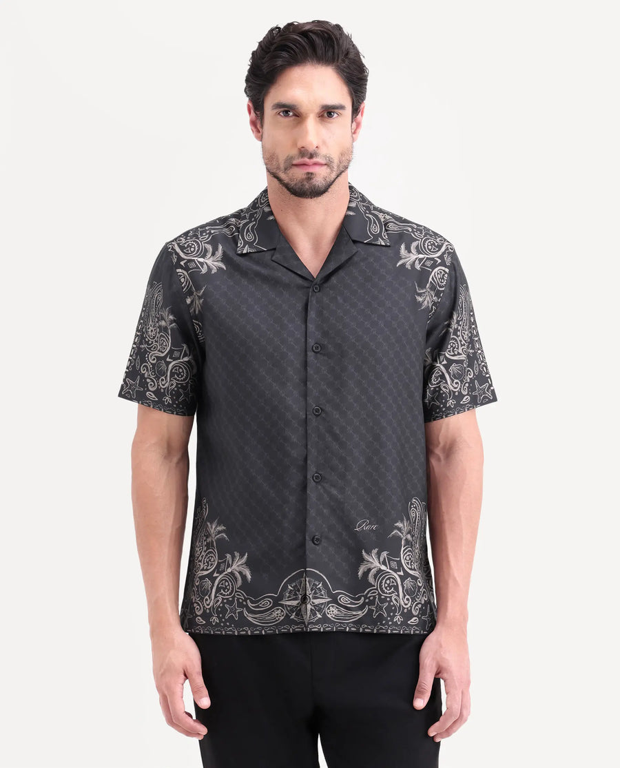 Rare Rabbit Men's Boso Black Cotton Blend Fabric Half Sleeve Cuban Collar Regular Fit Monogram Print Shirt