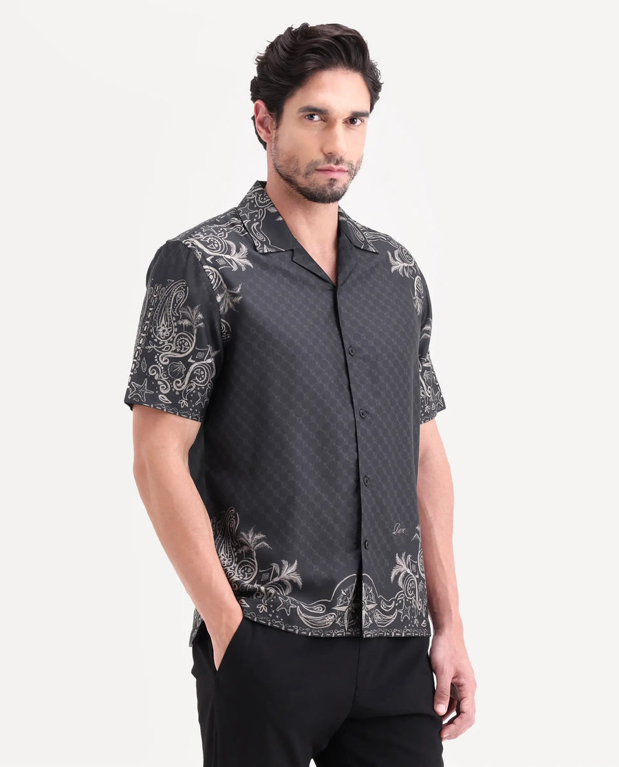 Rare Rabbit Men's Boso Black Cotton Blend Fabric Half Sleeve Cuban Collar Regular Fit Monogram Print Shirt