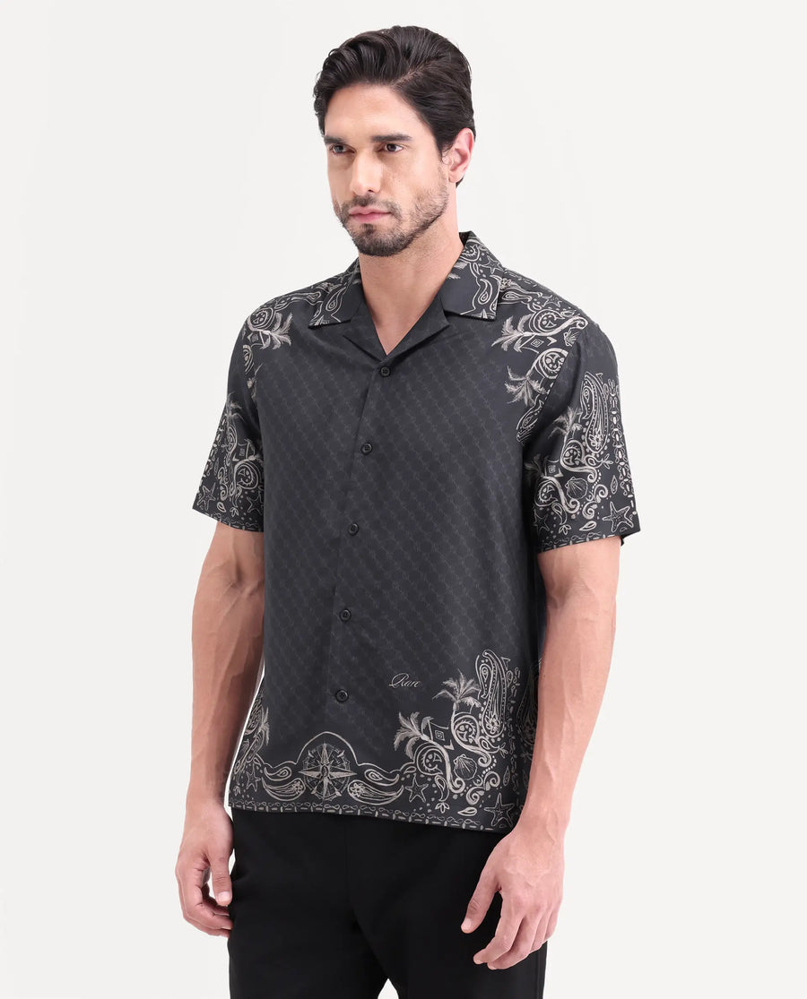 Rare Rabbit Men's Boso Black Cotton Blend Fabric Half Sleeve Cuban Collar Regular Fit Monogram Print Shirt