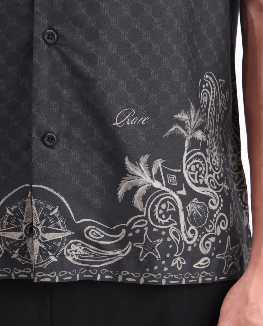 Rare Rabbit Men's Boso Black Cotton Blend Fabric Half Sleeve Cuban Collar Regular Fit Monogram Print Shirt