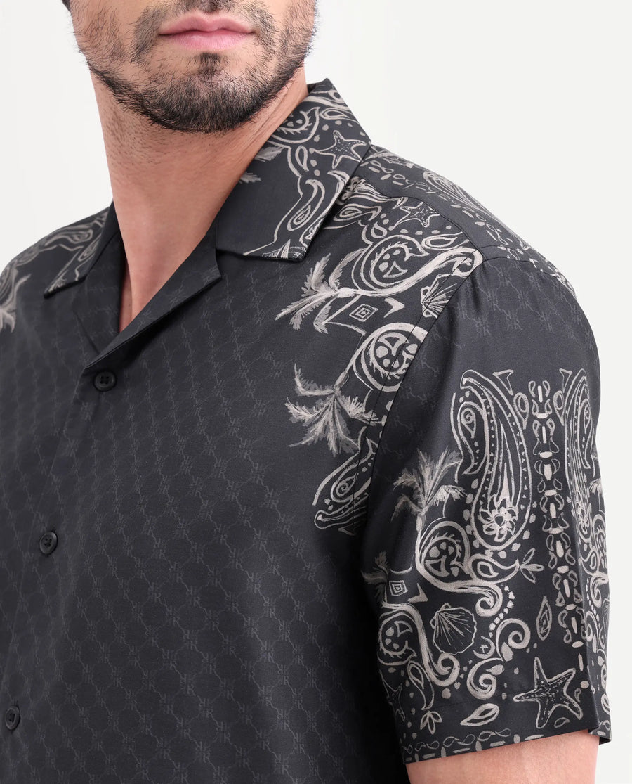 Rare Rabbit Men's Boso Black Cotton Blend Fabric Half Sleeve Cuban Collar Regular Fit Monogram Print Shirt