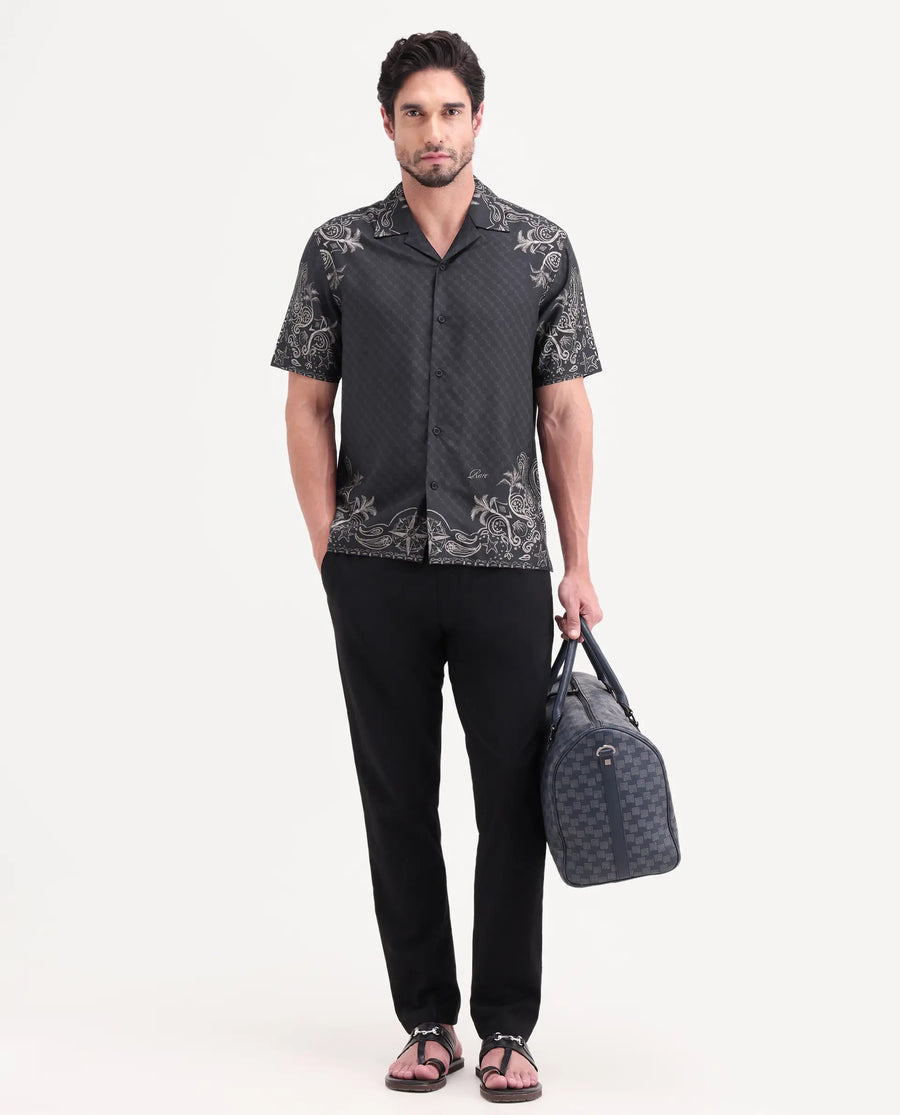Rare Rabbit Men's Boso Black Cotton Blend Fabric Half Sleeve Cuban Collar Regular Fit Monogram Print Shirt