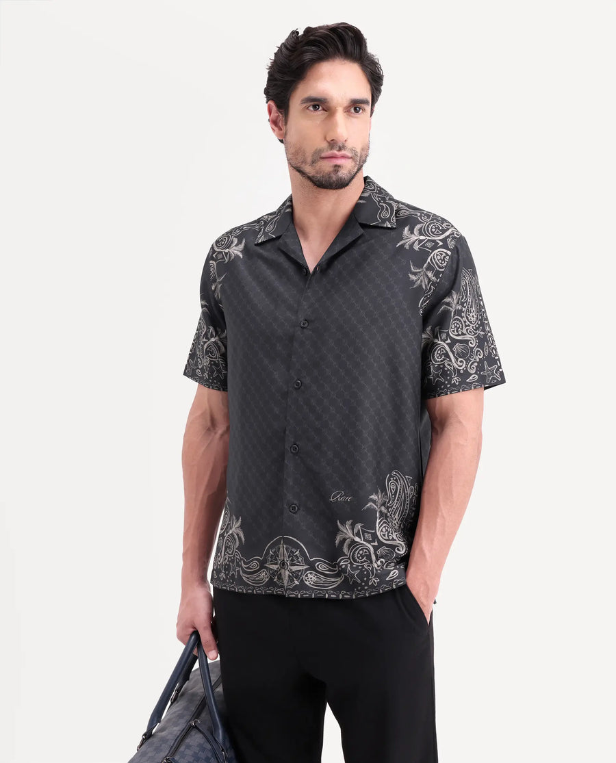 Rare Rabbit Men's Boso Black Cotton Blend Fabric Half Sleeve Cuban Collar Regular Fit Monogram Print Shirt
