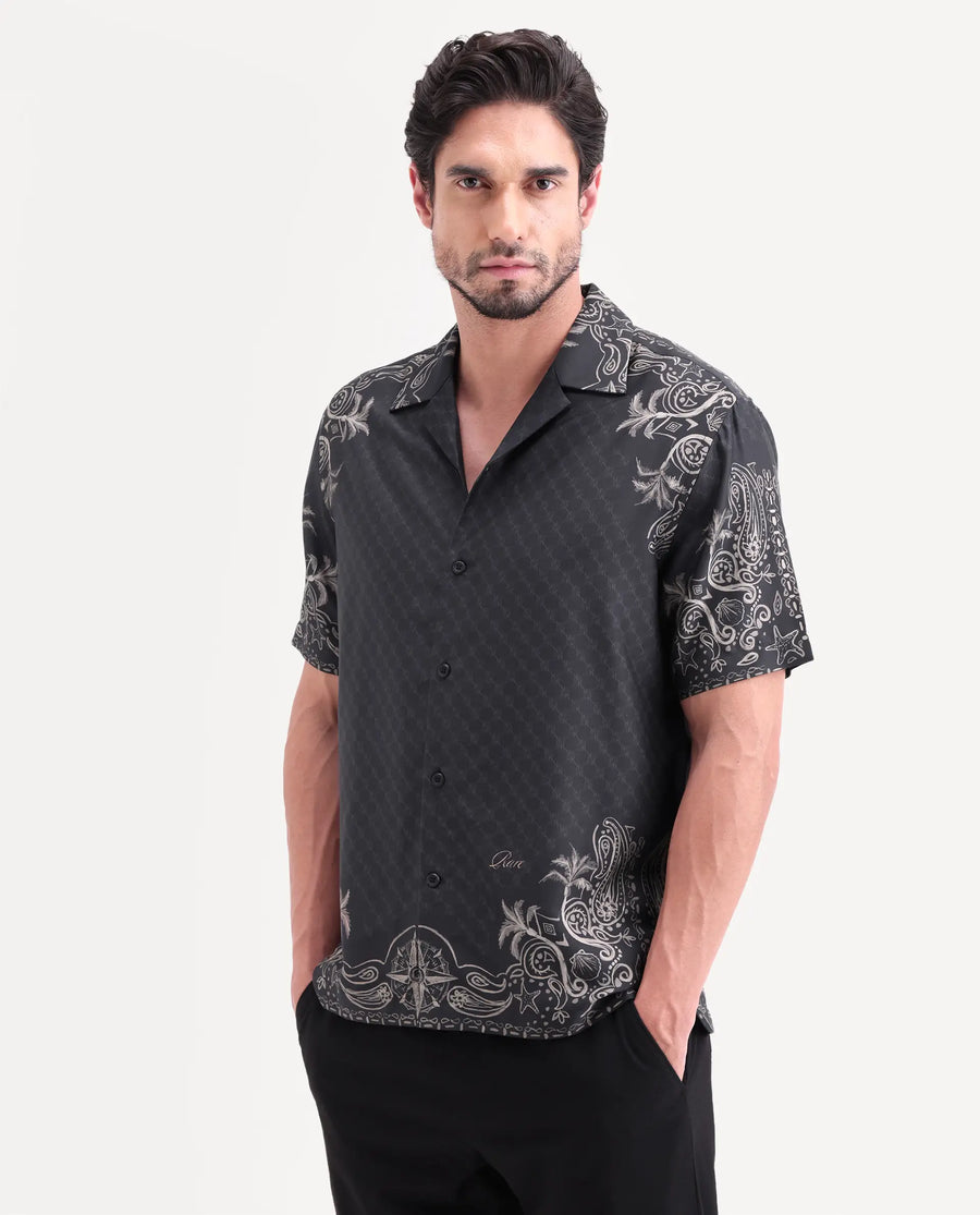 Rare Rabbit Men's Boso Black Cotton Blend Fabric Half Sleeve Cuban Collar Regular Fit Monogram Print Shirt