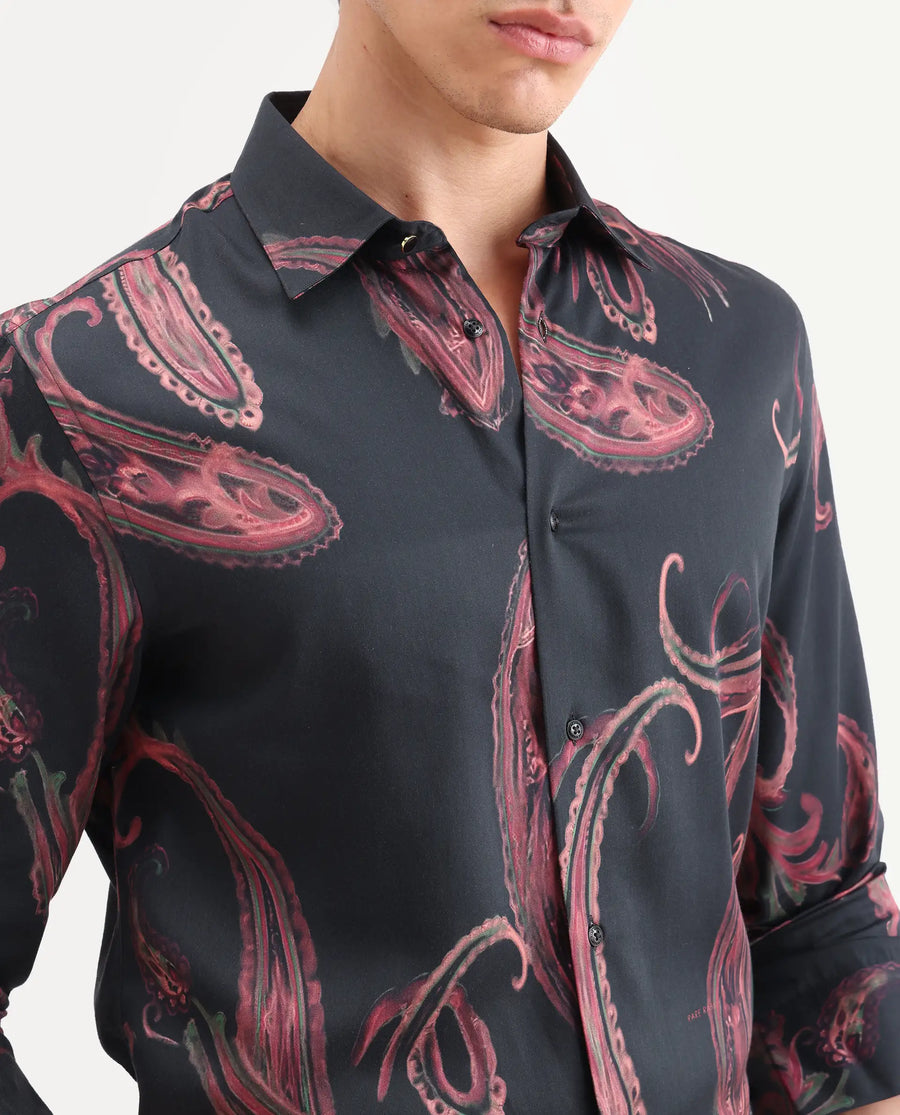 Rare Rabbit Men's Elvo Black Cotton Blend Fabric Full Sleeve Spread Collar Regular Fit Paisley Print Shirt
