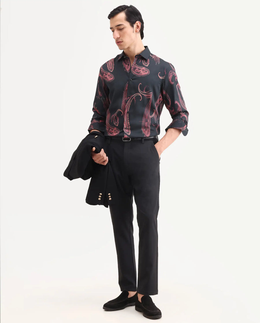 Rare Rabbit Men's Elvo Black Cotton Blend Fabric Full Sleeve Spread Collar Regular Fit Paisley Print Shirt