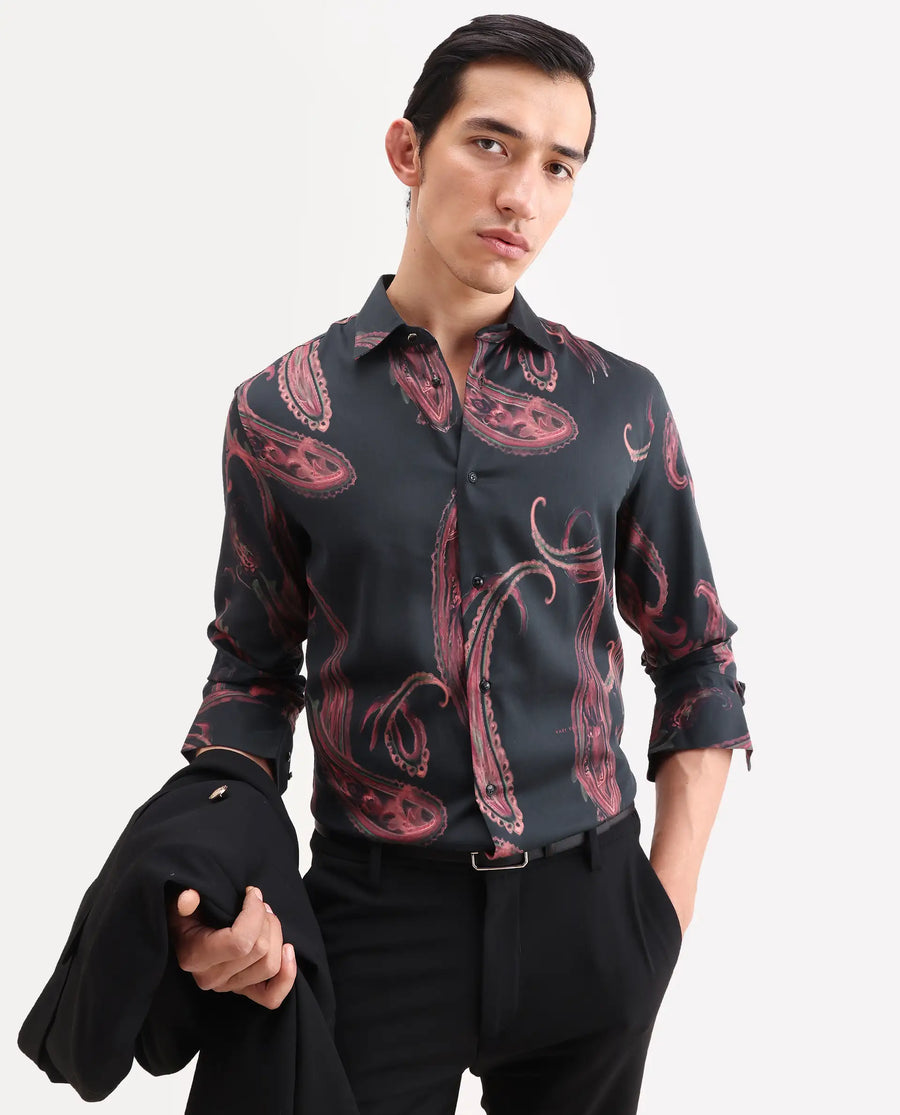 Rare Rabbit Men's Elvo Black Cotton Blend Fabric Full Sleeve Spread Collar Regular Fit Paisley Print Shirt