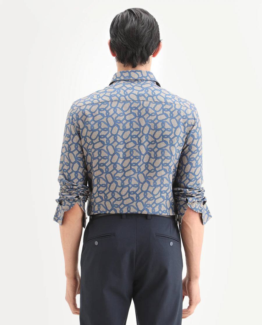 Rare Rabbit Men's Ivek Dusky Beige Viscose Fabric Full Sleeve Spread Collar Regular Fit Geometric Print Shirt