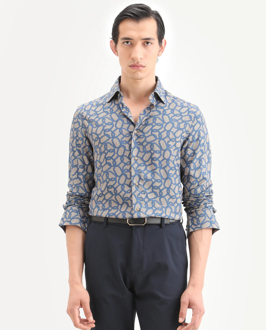 Rare Rabbit Men's Ivek Dusky Beige Viscose Fabric Full Sleeve Spread Collar Regular Fit Geometric Print Shirt
