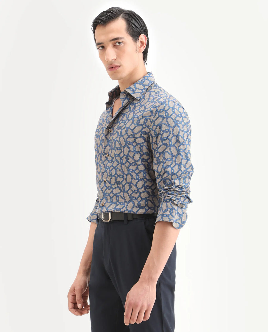 Rare Rabbit Men's Ivek Dusky Beige Viscose Fabric Full Sleeve Spread Collar Regular Fit Geometric Print Shirt