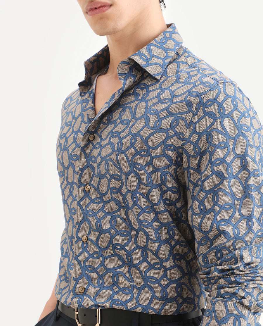 Rare Rabbit Men's Ivek Dusky Beige Viscose Fabric Full Sleeve Spread Collar Regular Fit Geometric Print Shirt