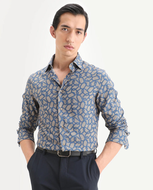 Rare Rabbit Men's Ivek Dusky Beige Viscose Fabric Full Sleeve Spread Collar Regular Fit Geometric Print Shirt
