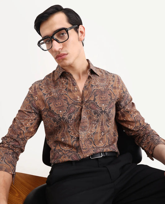 Rare Rabbit Men's Zoie Dusky Mustard Viscose Fabric Full Sleeve Spread Collar Regular Fit Paisley Print Shirt