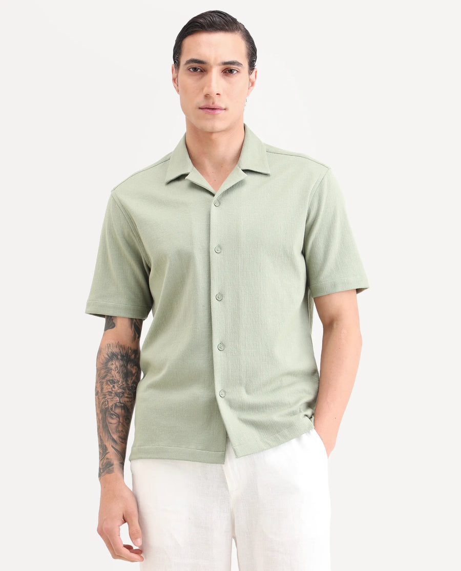 Rare Rabbit Men's Kelos-26 Light Green Cotton Blend Fabric Half Sleeve Cuban Collar Regular Fit Plain Shirt