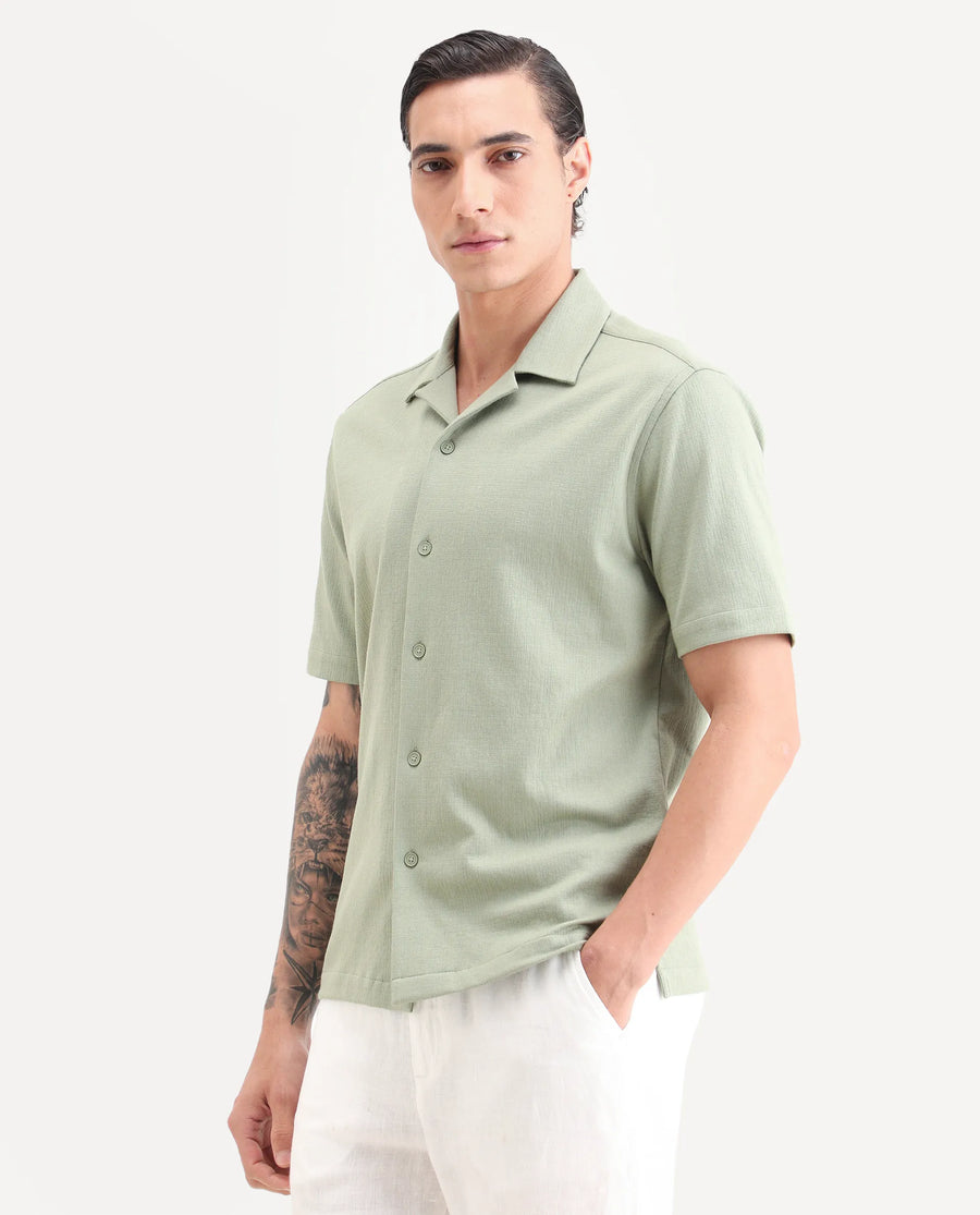 Rare Rabbit Men's Kelos-26 Light Green Cotton Blend Fabric Half Sleeve Cuban Collar Regular Fit Plain Shirt