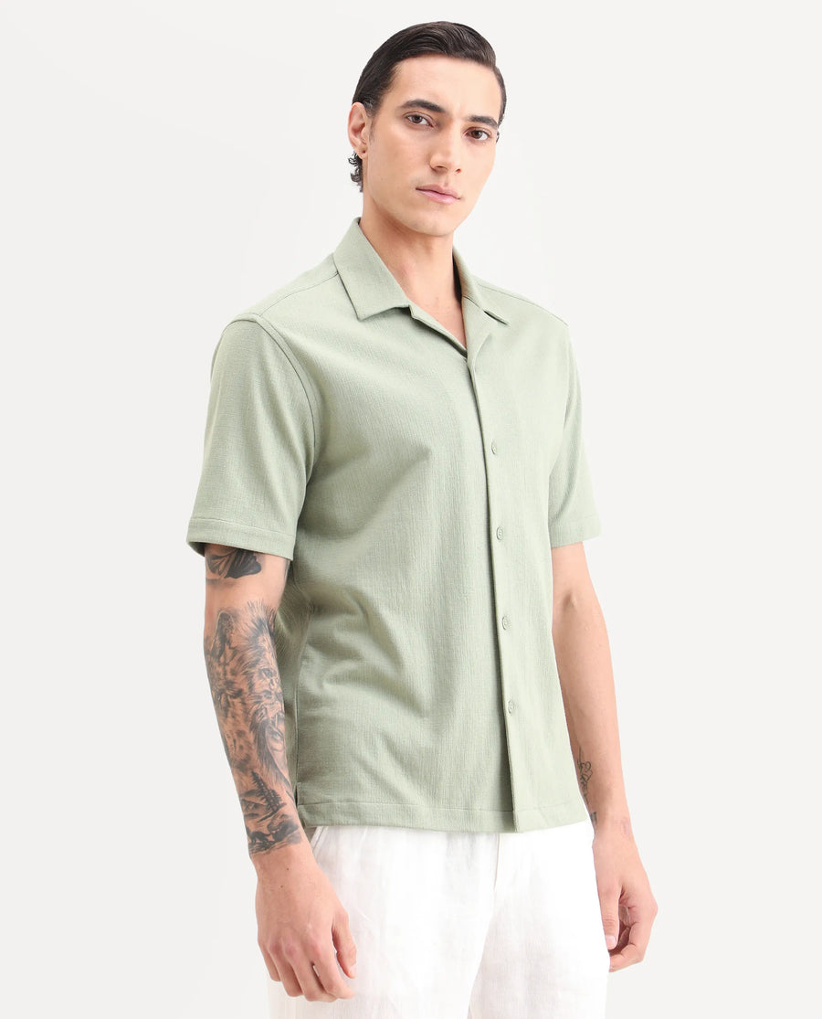Rare Rabbit Men's Kelos-26 Light Green Cotton Blend Fabric Half Sleeve Cuban Collar Regular Fit Plain Shirt