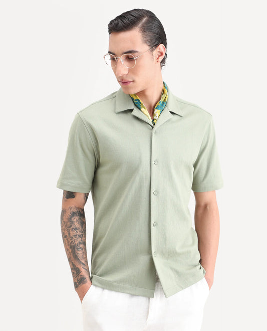 Rare Rabbit Men's Kelos-26 Light Green Cotton Blend Fabric Half Sleeve Cuban Collar Regular Fit Plain Shirt