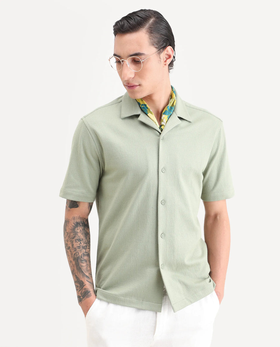 Rare Rabbit Men's Kelos-26 Light Green Cotton Blend Fabric Half Sleeve Cuban Collar Regular Fit Plain Shirt