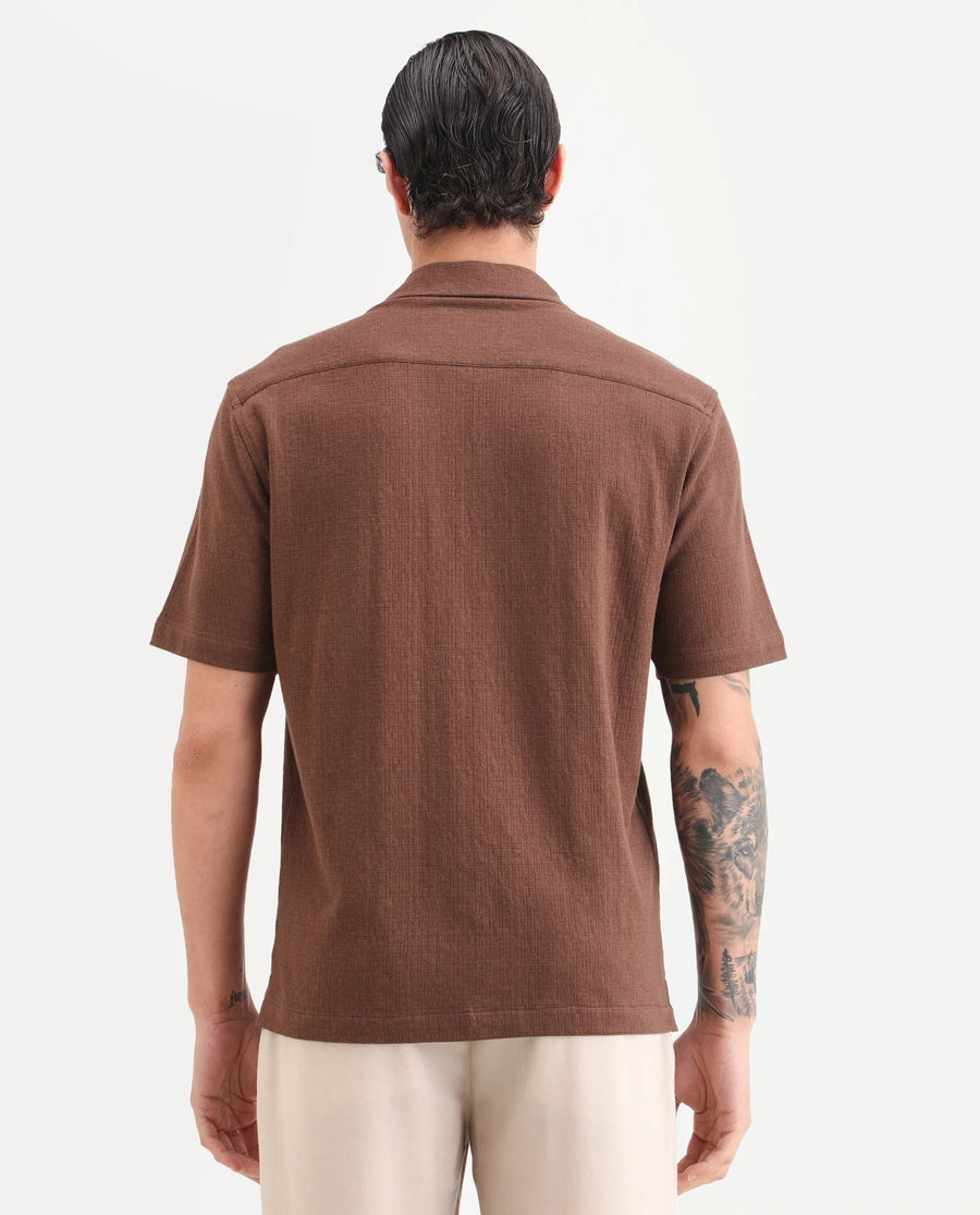 Rare Rabbit Men's Kelos-26 Brown Cotton Blend Fabric Half Sleeve Cuban Collar Regular Fit Plain Shirt