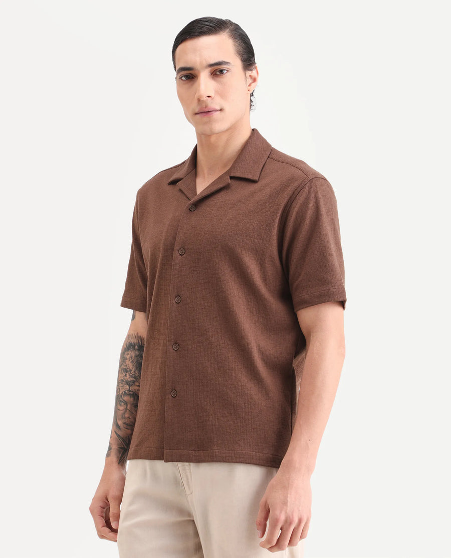 Rare Rabbit Men's Kelos-26 Brown Cotton Blend Fabric Half Sleeve Cuban Collar Regular Fit Plain Shirt