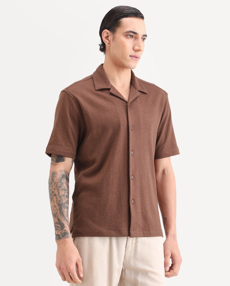 Rare Rabbit Men's Kelos-26 Brown Cotton Blend Fabric Half Sleeve Cuban Collar Regular Fit Plain Shirt