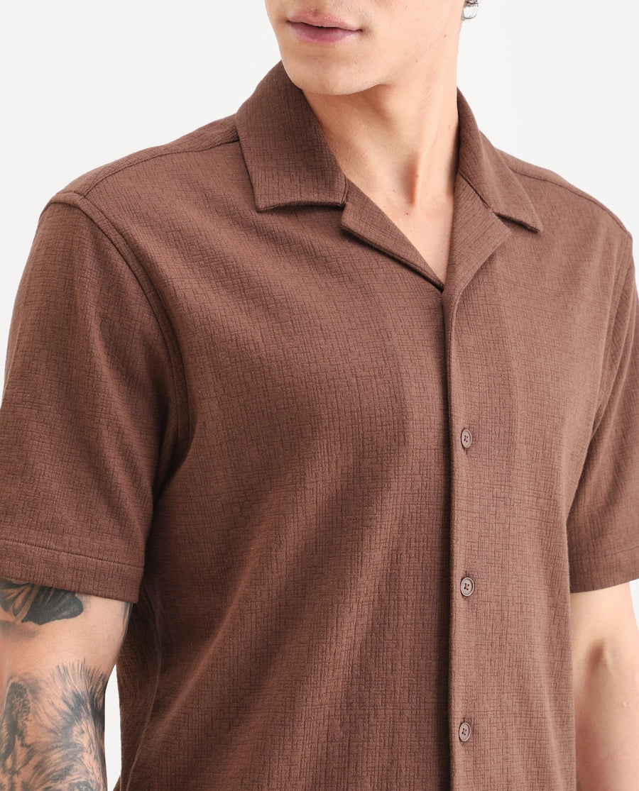 Rare Rabbit Men's Kelos-26 Brown Cotton Blend Fabric Half Sleeve Cuban Collar Regular Fit Plain Shirt