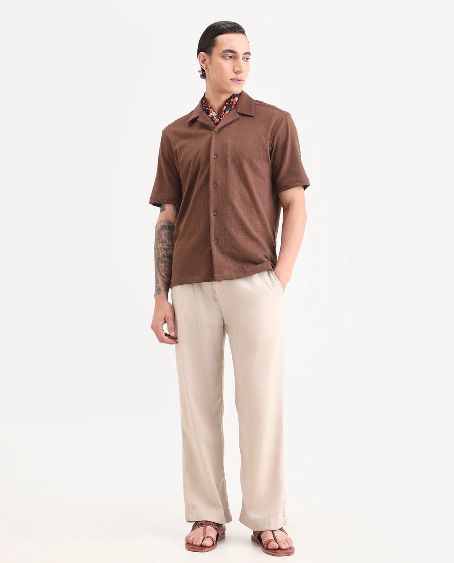 Rare Rabbit Men's Kelos-26 Brown Cotton Blend Fabric Half Sleeve Cuban Collar Regular Fit Plain Shirt