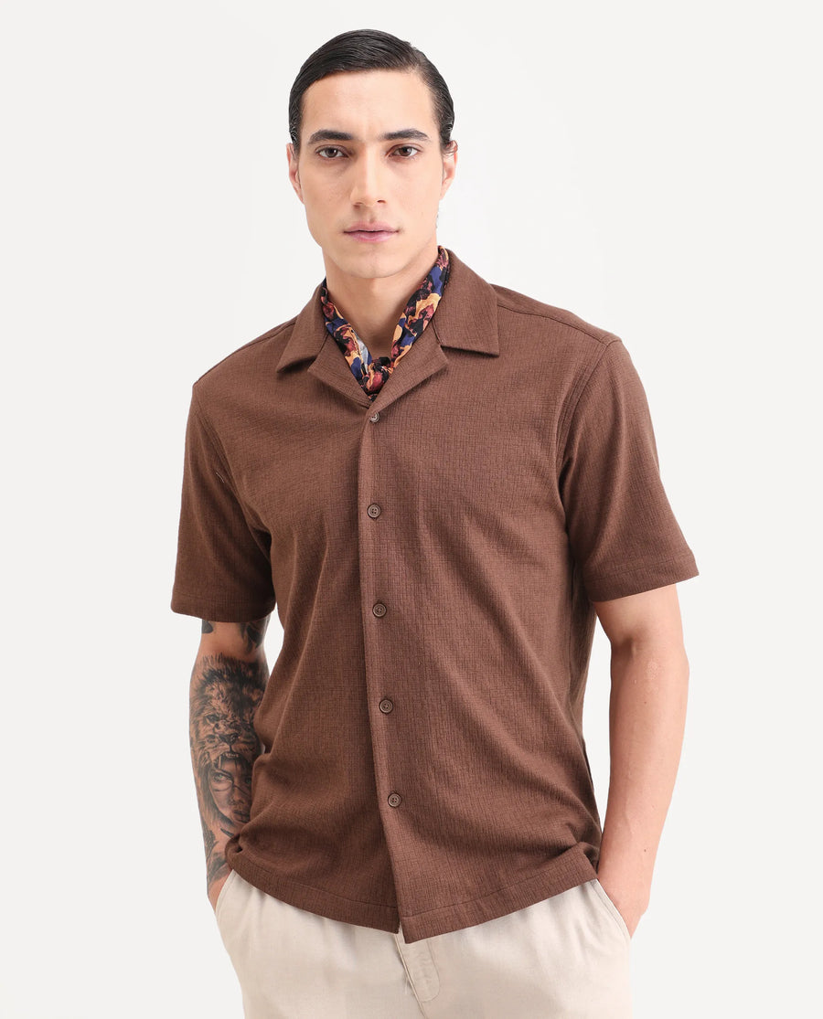 Rare Rabbit Men's Kelos-26 Brown Cotton Blend Fabric Half Sleeve Cuban Collar Regular Fit Plain Shirt