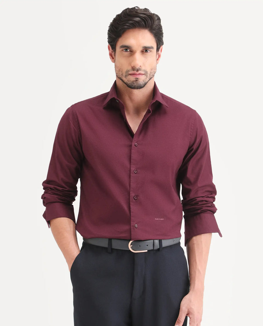 Rare Rabbit Men's Remob Maroon Cotton Blend Fabric Full Sleeve Regular Fit Plain Shirt