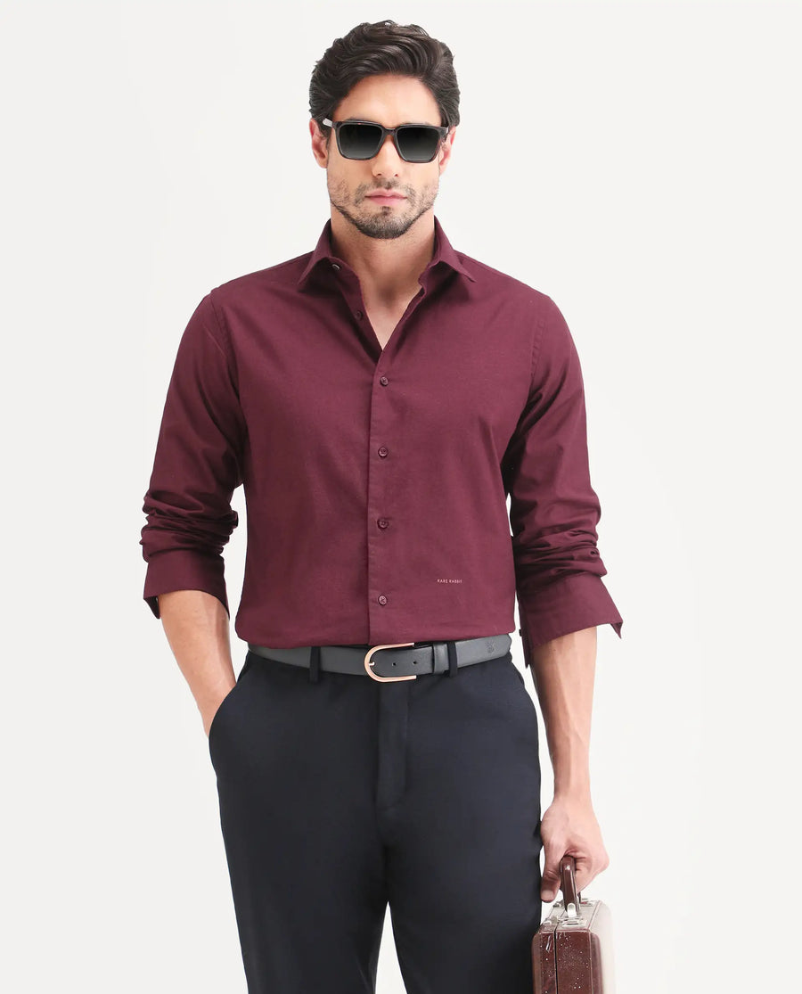 Rare Rabbit Men's Remob Maroon Cotton Blend Fabric Full Sleeve Regular Fit Plain Shirt