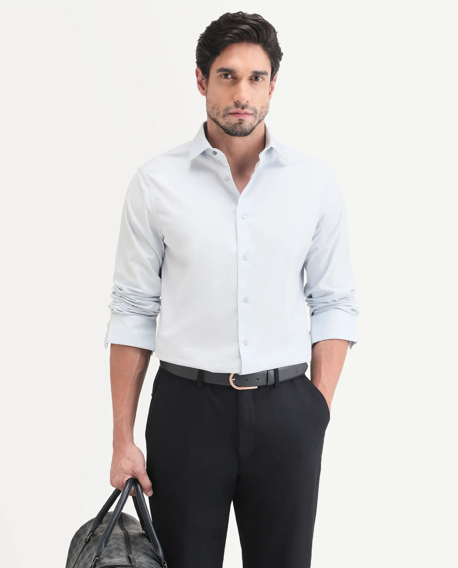 Rare Rabbit Men's Remob Light Blue Cotton Blend Fabric Full Sleeve Regular Fit Plain Shirt