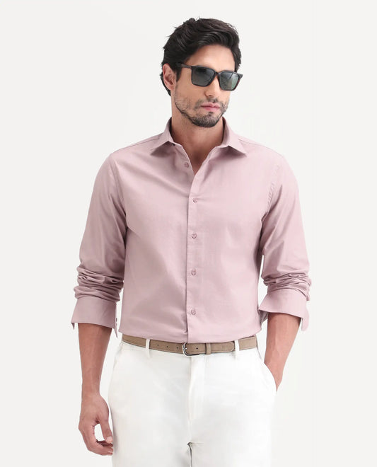 Rare Rabbit Men's Remob Light Pink Cotton Blend Fabric Full Sleeve Regular Fit Plain Shirt