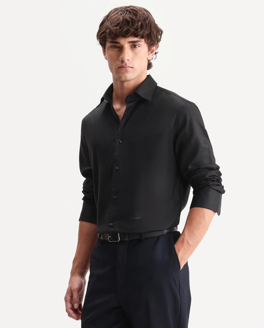 Rare Rabbit Men's Zanty Black Cotton Blend Fabric Full Sleeve Regular Fit Plain Shirt