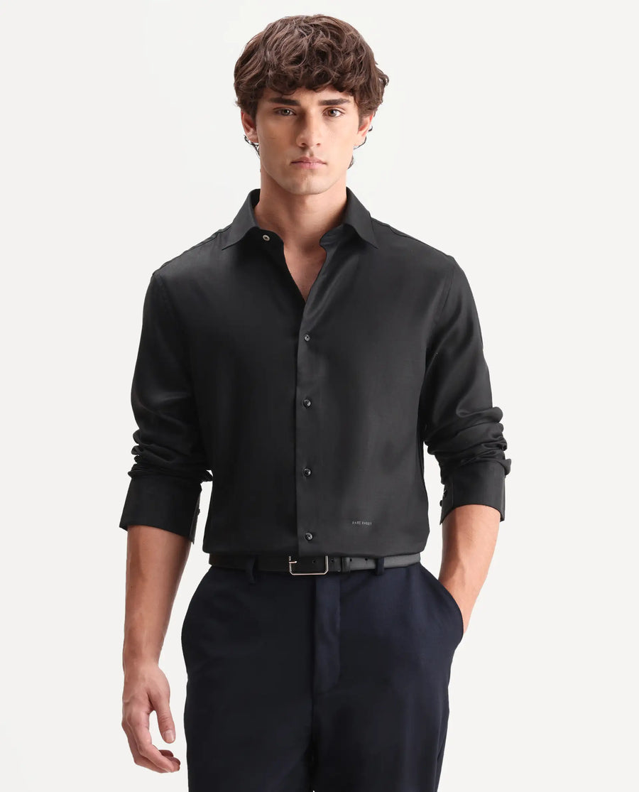 Rare Rabbit Men's Zanty Black Cotton Blend Fabric Full Sleeve Regular Fit Plain Shirt