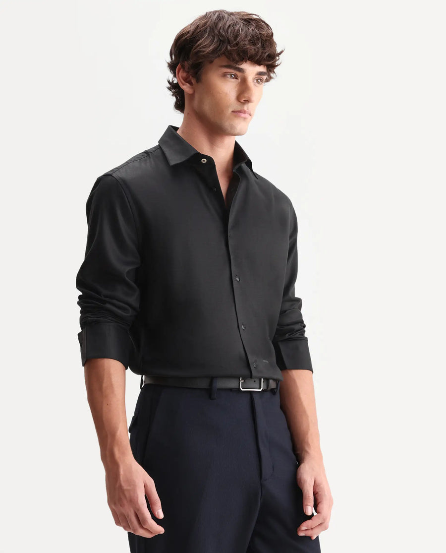 Rare Rabbit Men's Zanty Black Cotton Blend Fabric Full Sleeve Regular Fit Plain Shirt