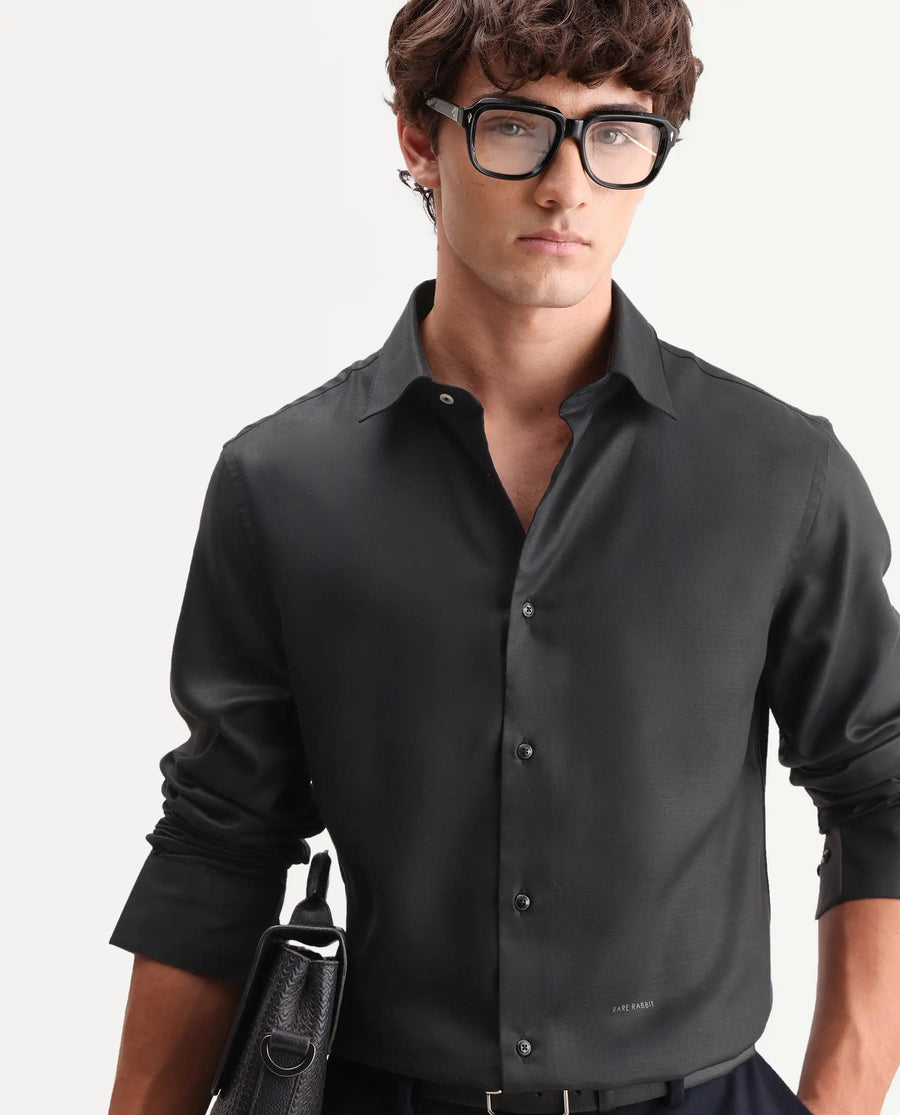 Rare Rabbit Men's Zanty Black Cotton Blend Fabric Full Sleeve Regular Fit Plain Shirt